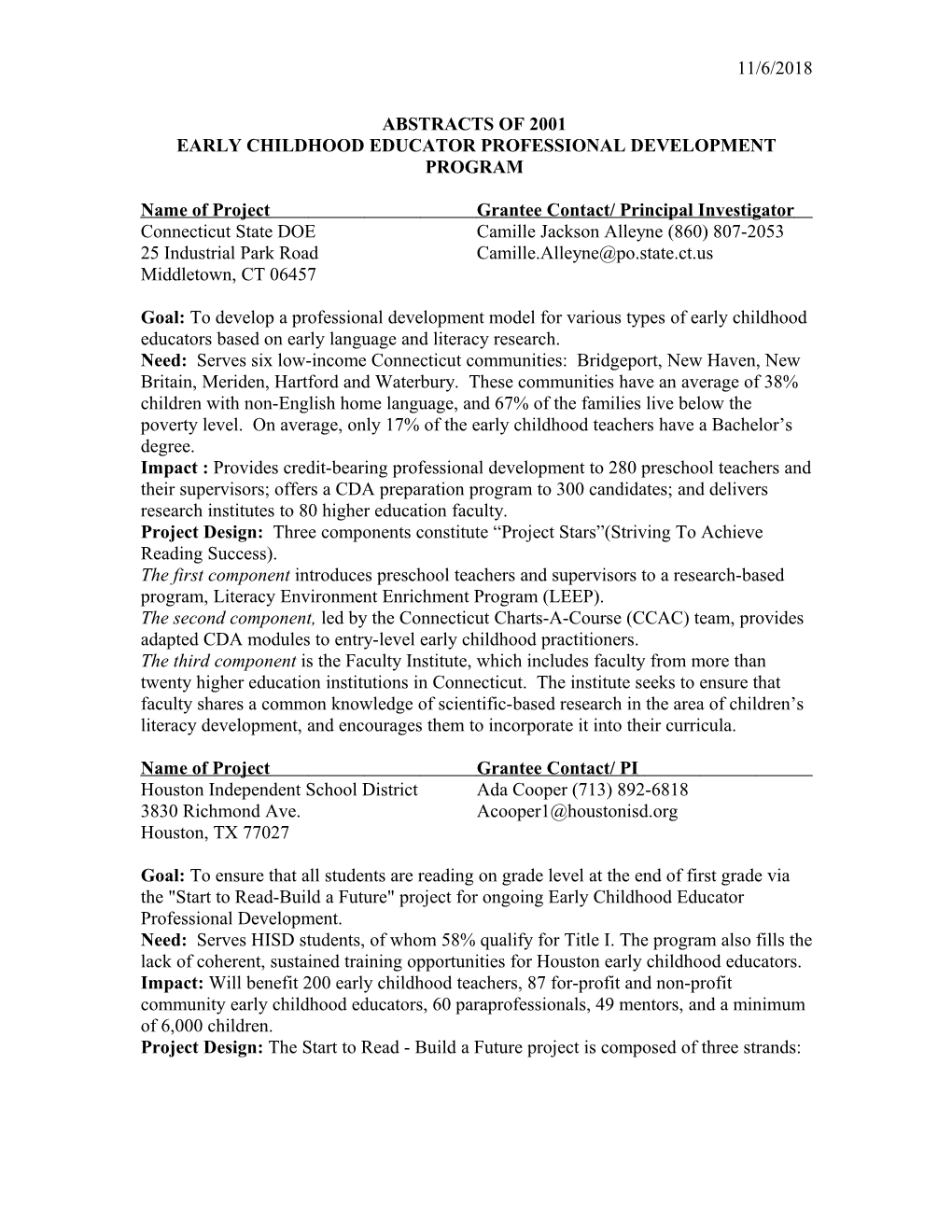 Early Childhood Educator Professional Development Program FY 2001 Abstracts (MS WORD)