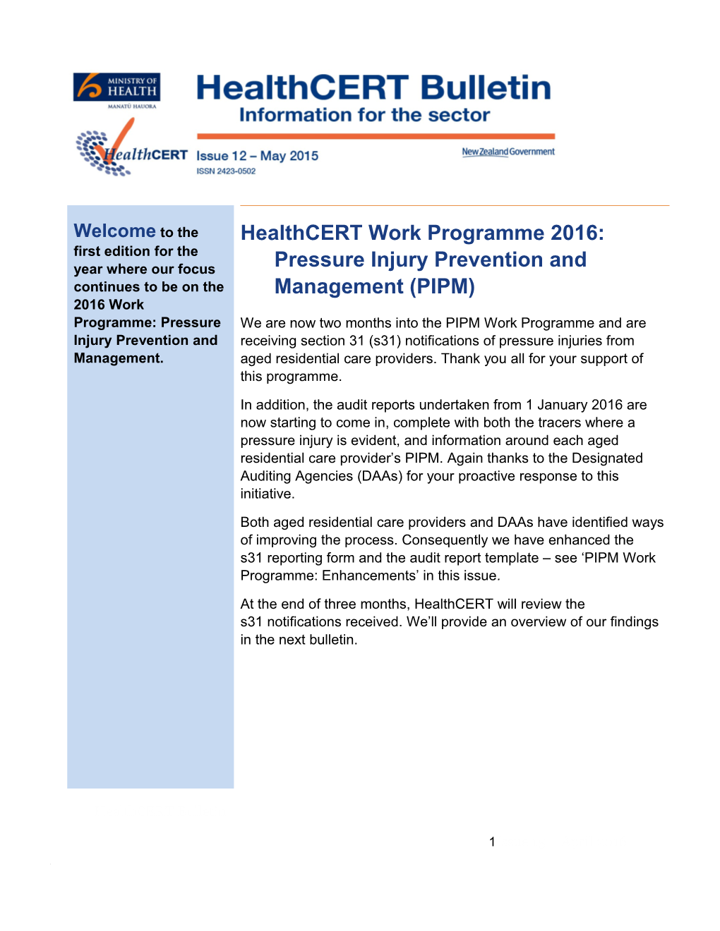 Healthcert Work Programme 2016: Pressure Injury Prevention and Management (PIPM)