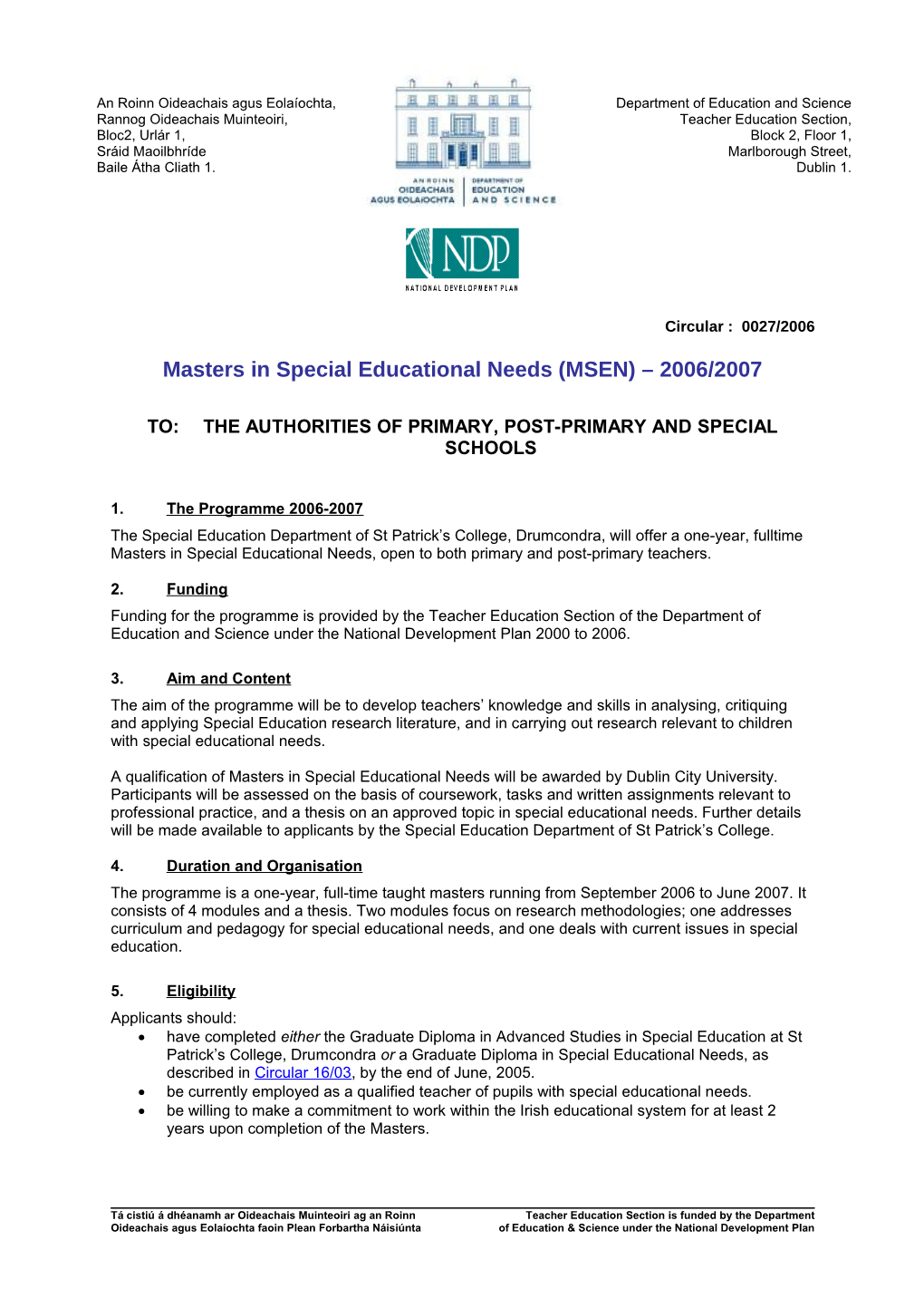 Circular 0027/2006 - Masters in Special Educational Needs (MSEN) - 2006/2007 (File Format