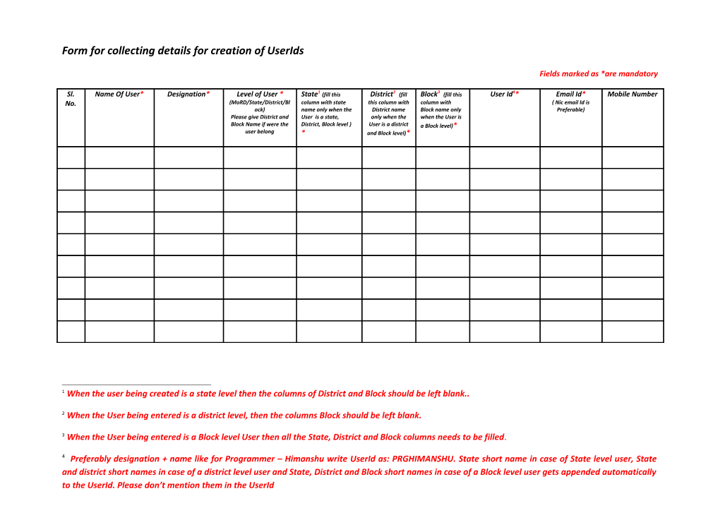 Form for Collecting Details for Creation of Userids