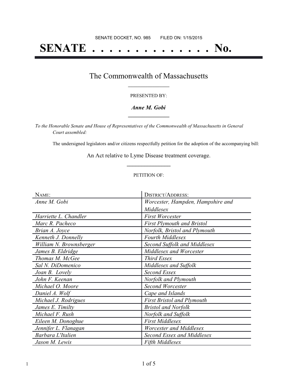 Senate Docket, No. 985 Filed On: 1/15/2015