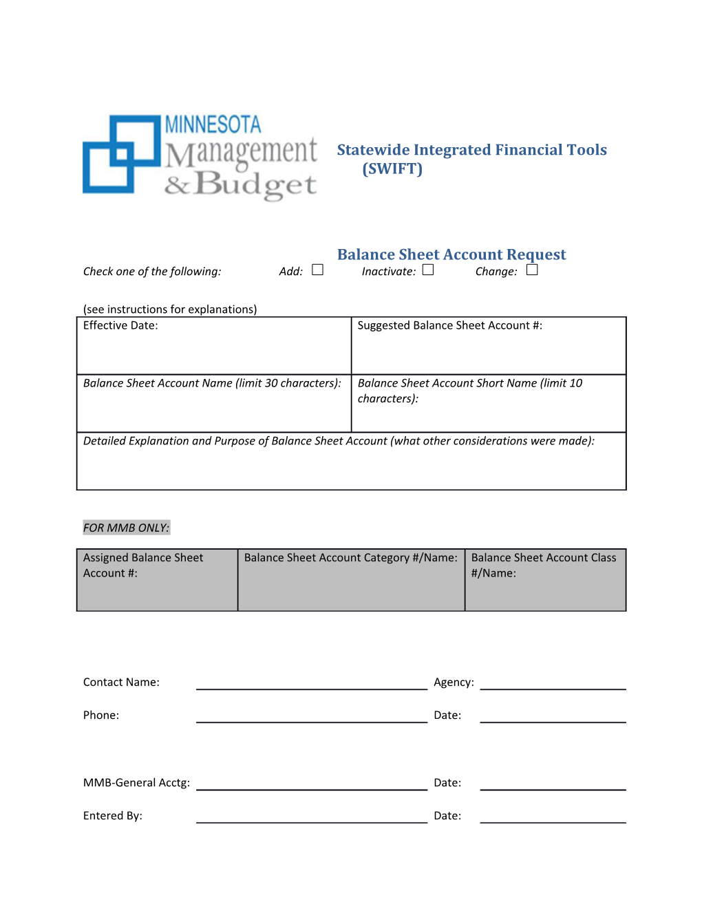 Balance Sheet Account Request Form