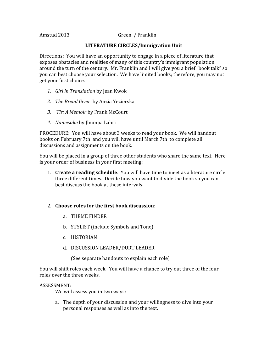 LITERATURE CIRCLES/Immigration Unit