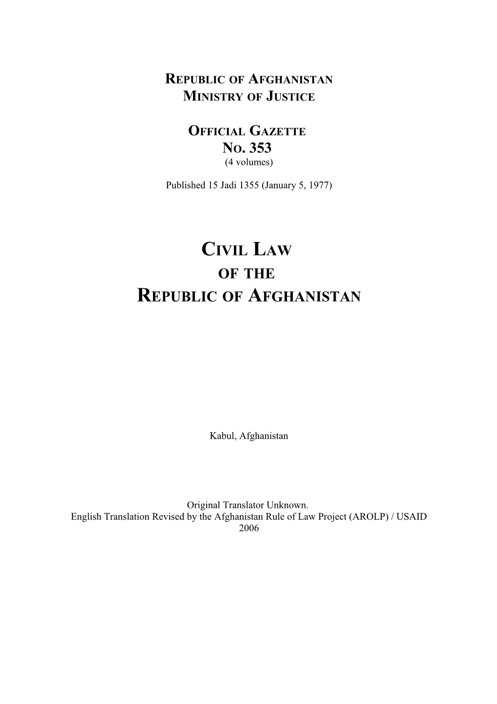 The Civil Law of the Republic of Afghanistan