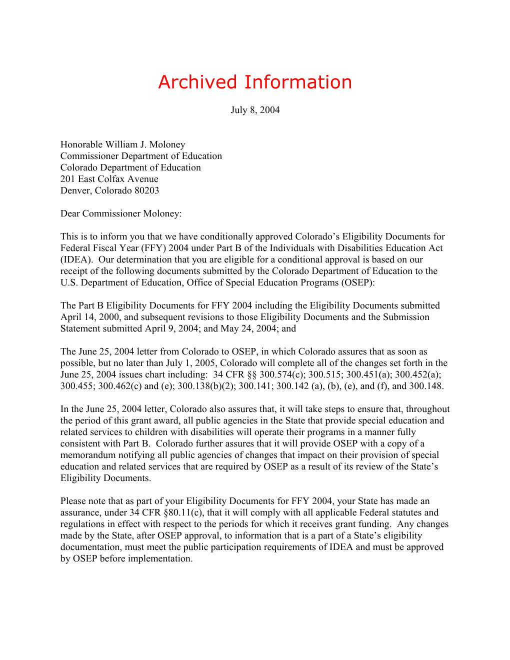 Archived: 2004 Colorado Individuals with Disabilities Act (IDEA) Part B Grant Award Letter