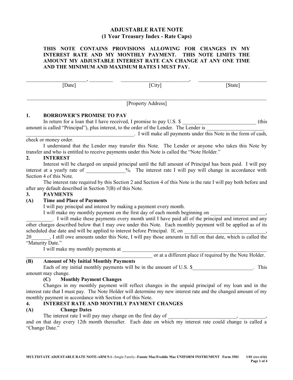 Multistate Adjustable Rate Note (1-Year Treasury)(Assumable LOL)(1% Rate Cap)