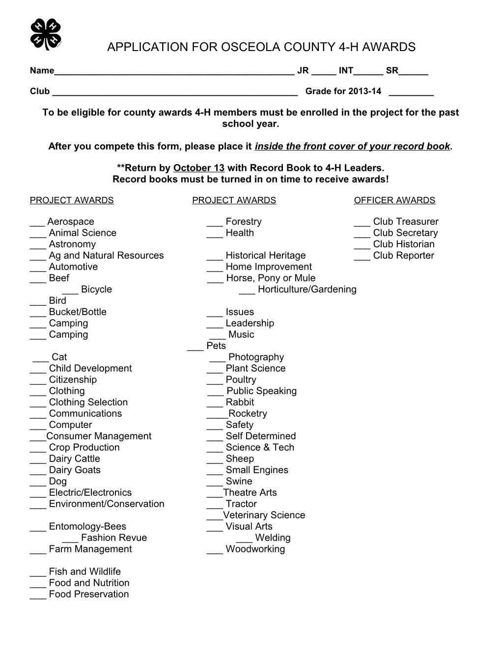 Application for Worth County 4-H Awards