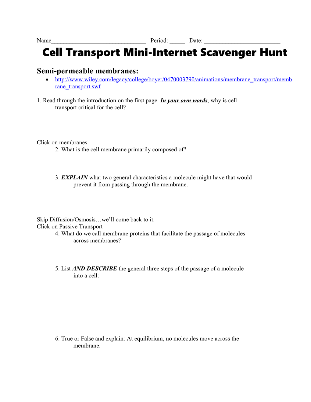 Cell Transport Mini-Internet Scavenger Hunt