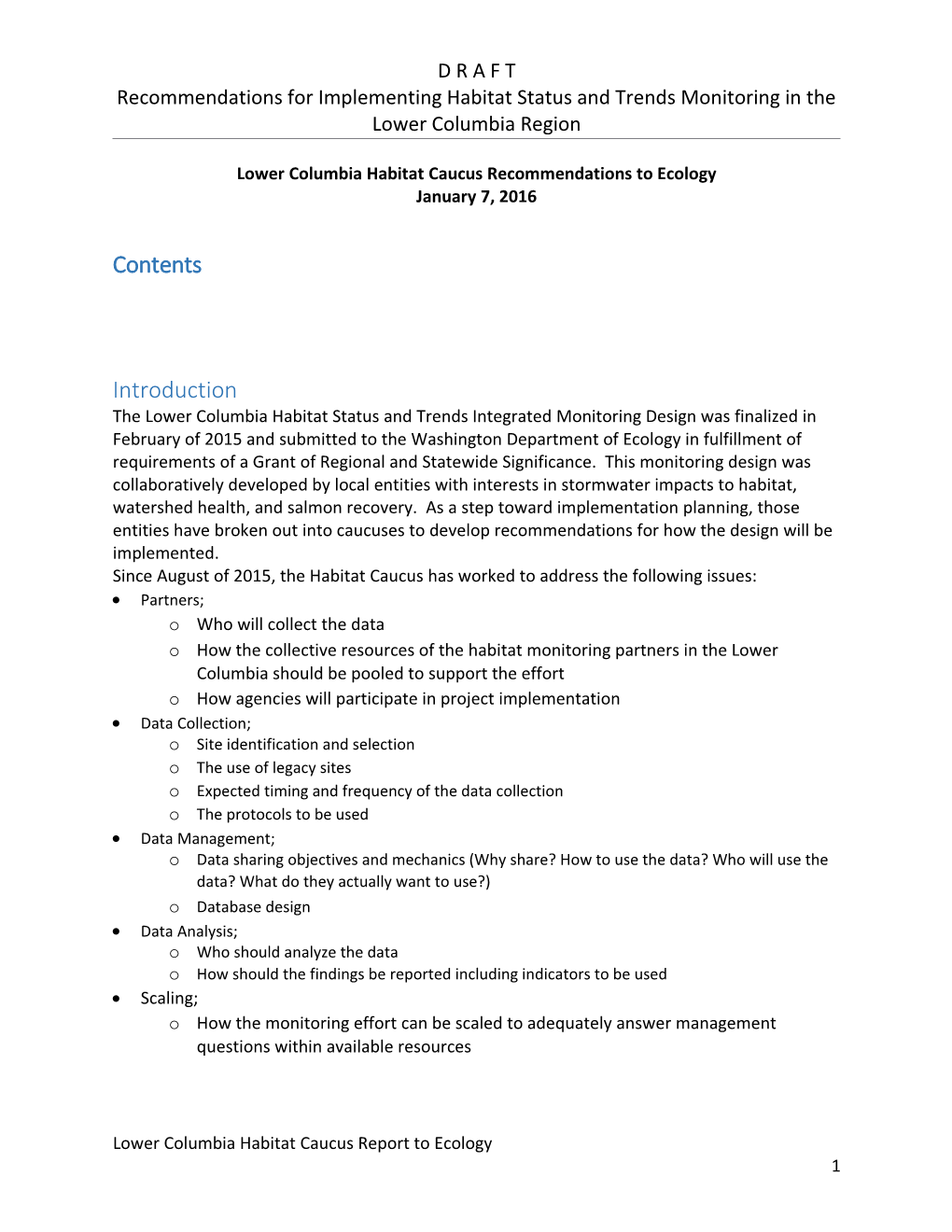 Lower Columbia Habitat Caucus Recommendations to Ecology