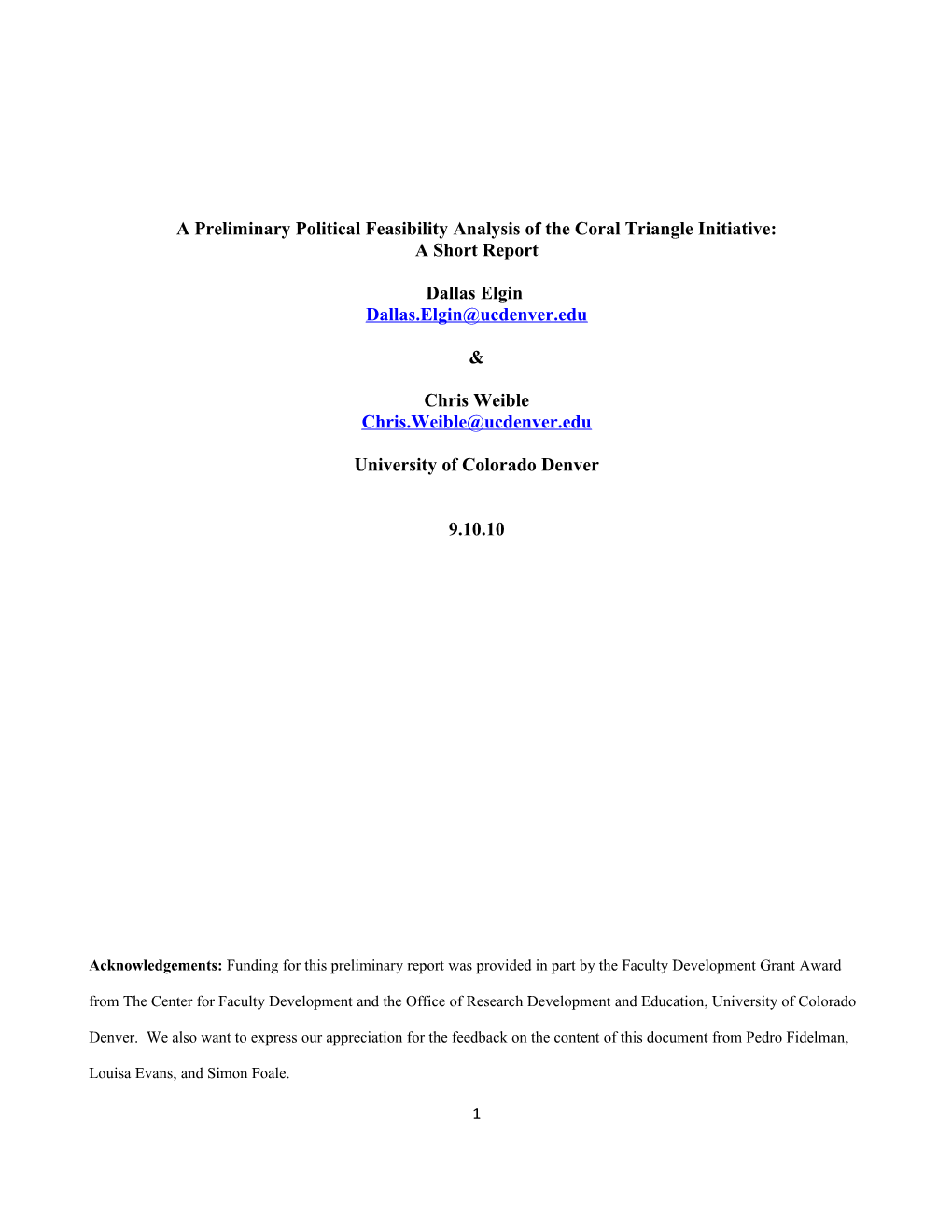 A Preliminary Political Feasibility Analysis of the Coral Triangle Initiative