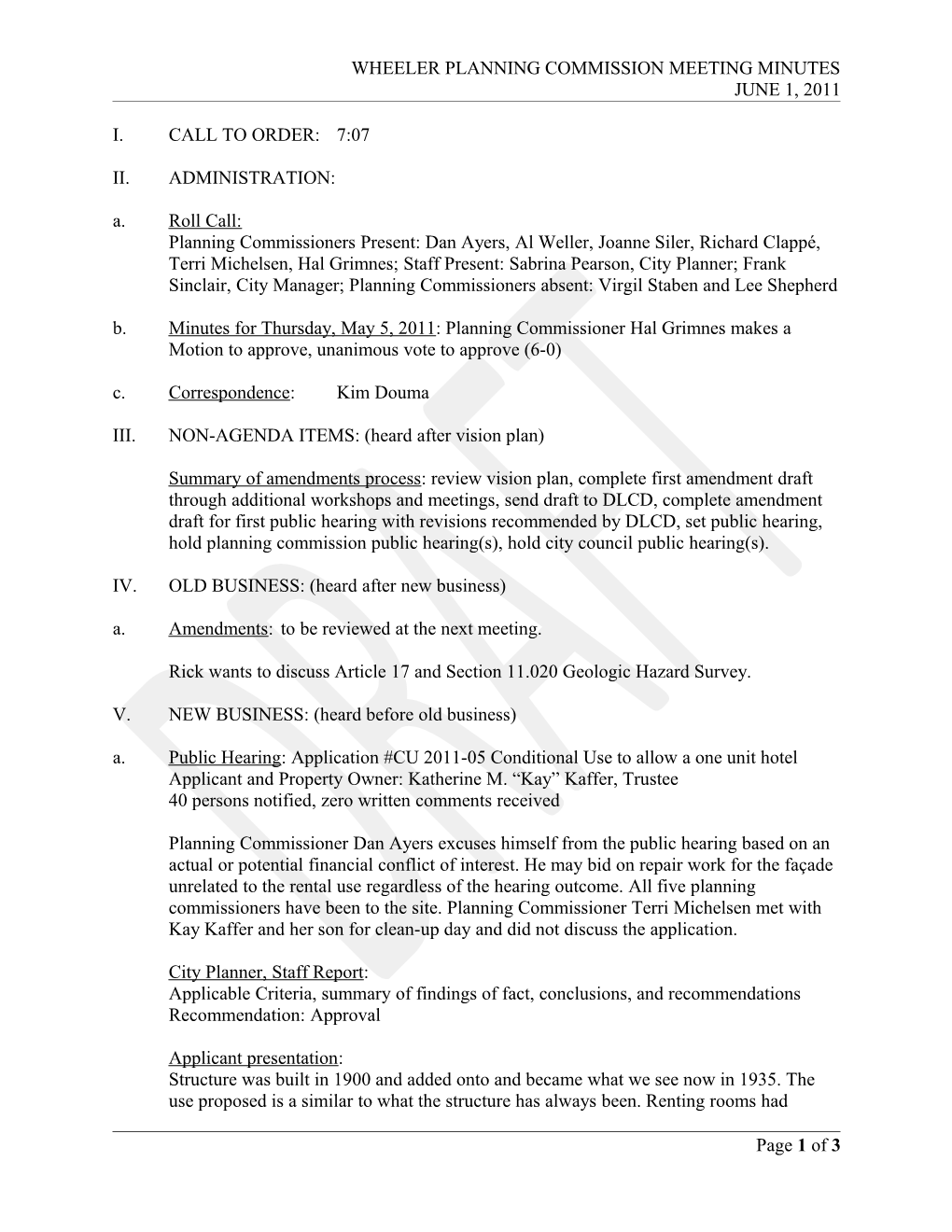 Wheeler Planning Commission Meeting Minutes for Wednesday, June 1, 2011