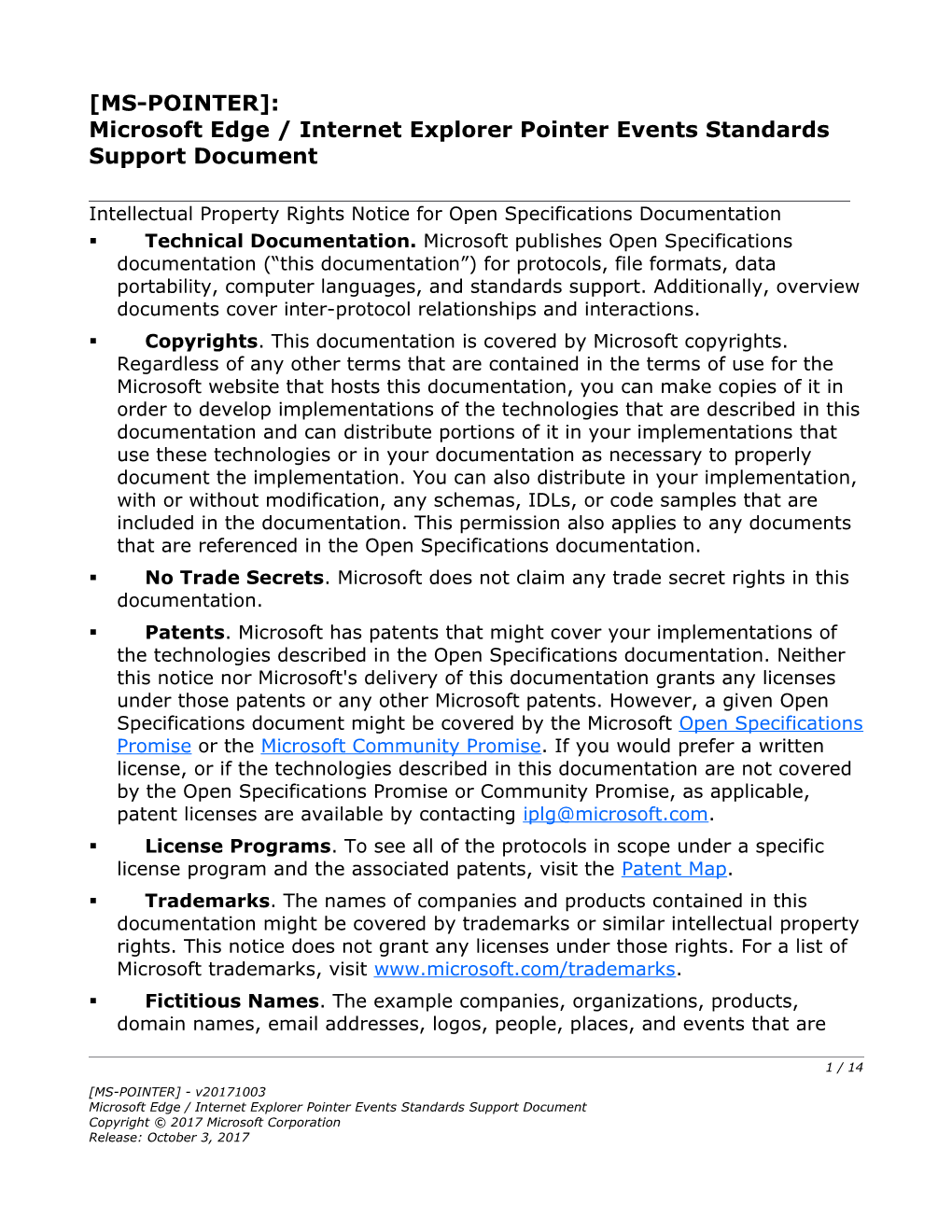 Microsoft Edge / Internet Explorer Pointer Events Standards Support Document