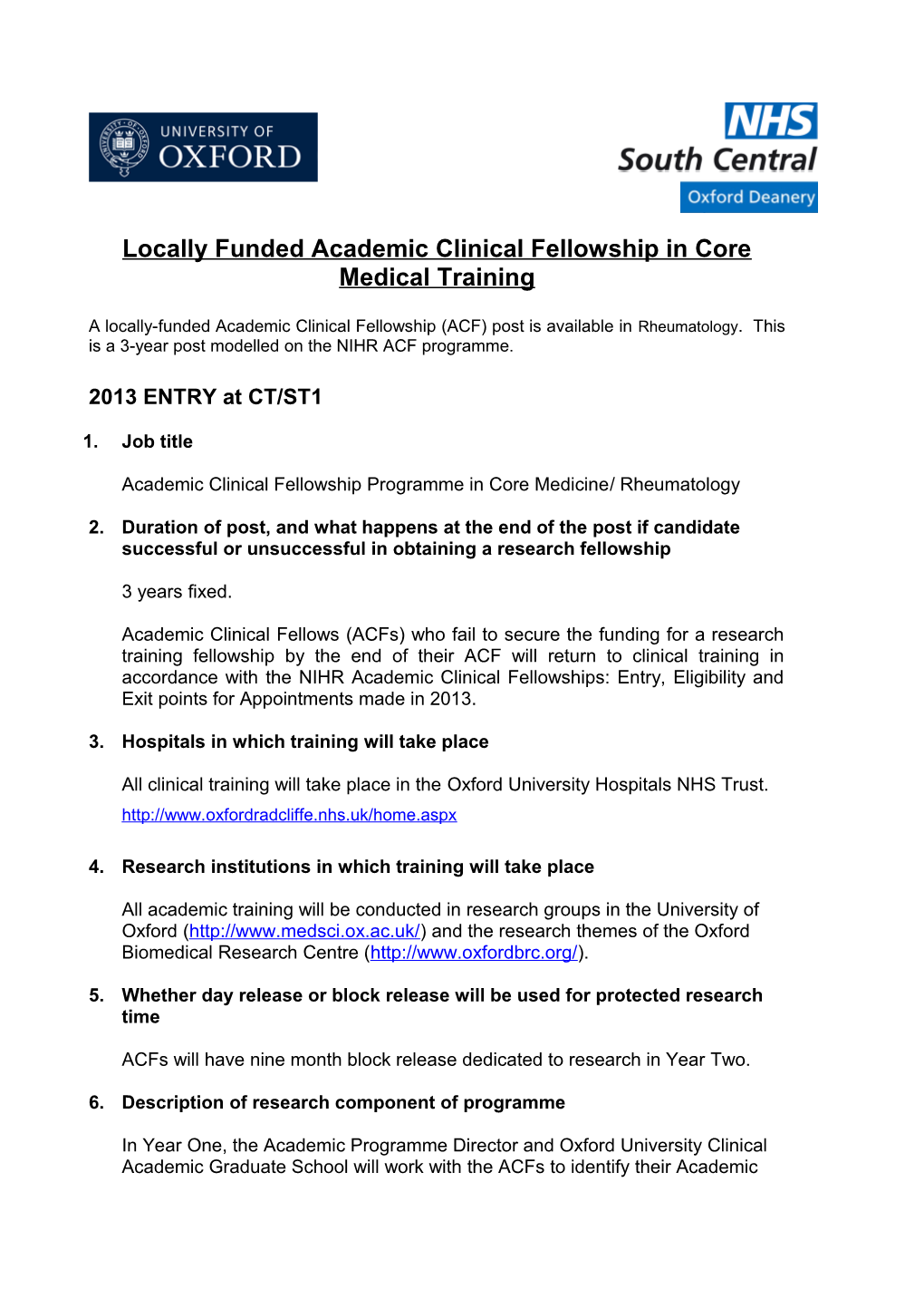 Locally Funded Academic Clinical Fellowship in Core Medical Training