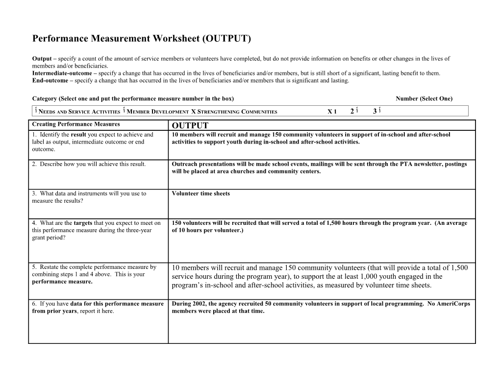 Performance Measurement Worksheet (OUTPUT)