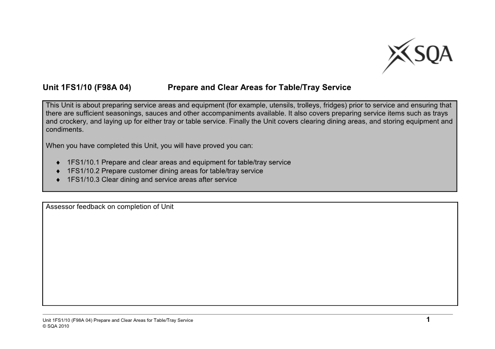 Unit 1FS1/10 (F98A 04)Prepare and Clear Areas for Table/Tray Service