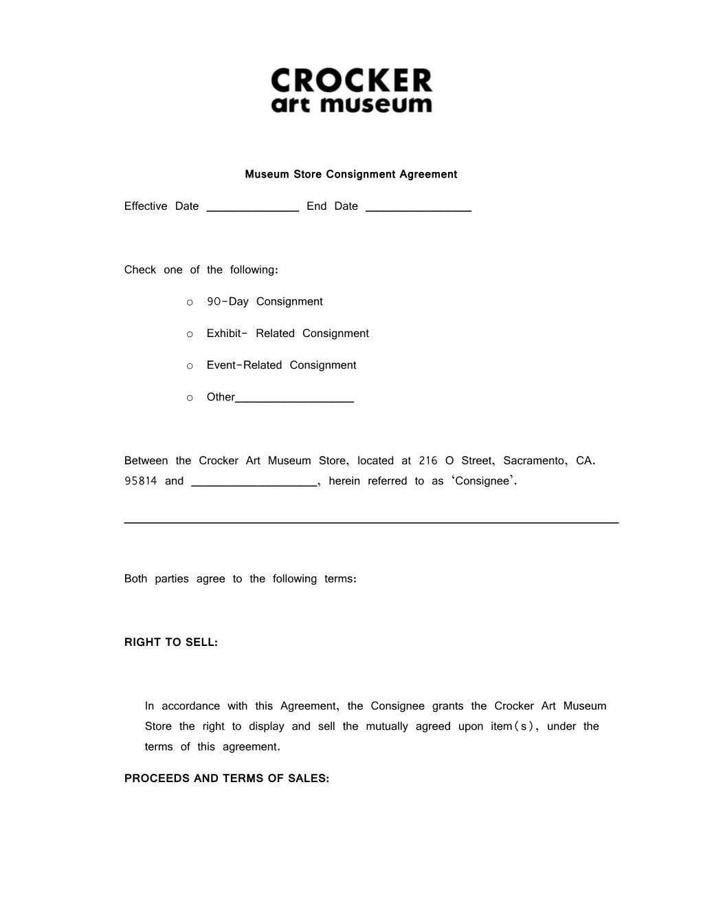 Museum Store Consignment Agreement