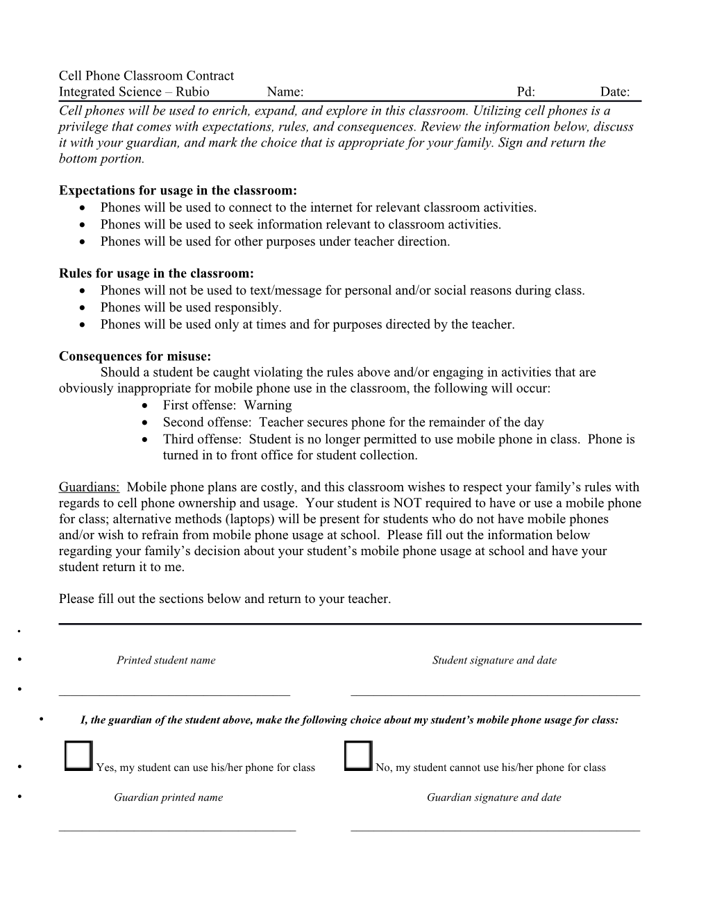 Cell Phone Classroom Contract