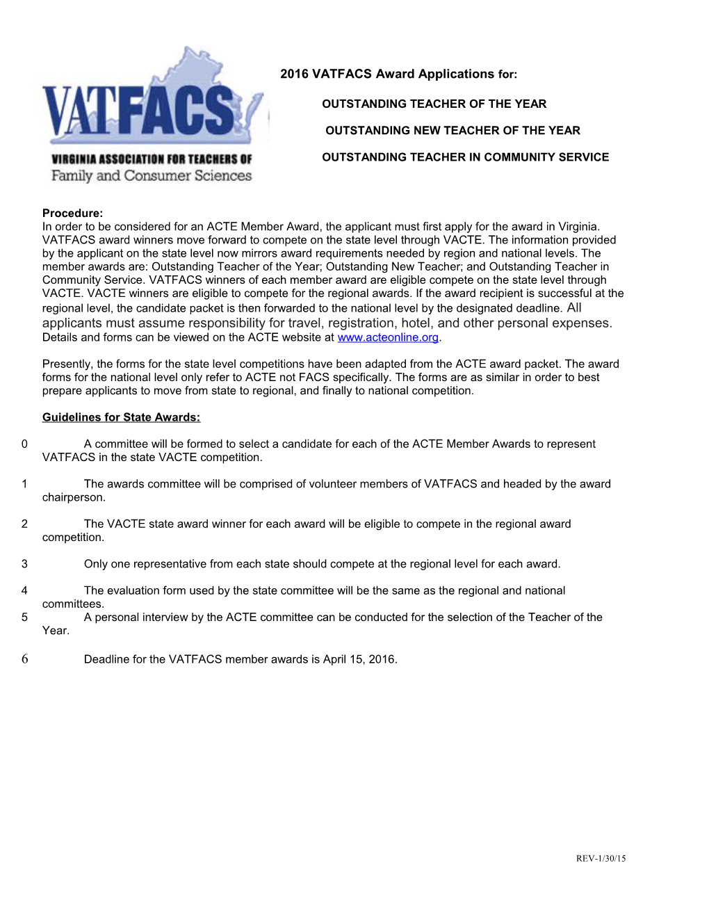 2016VATFACS Award Applicationsfor