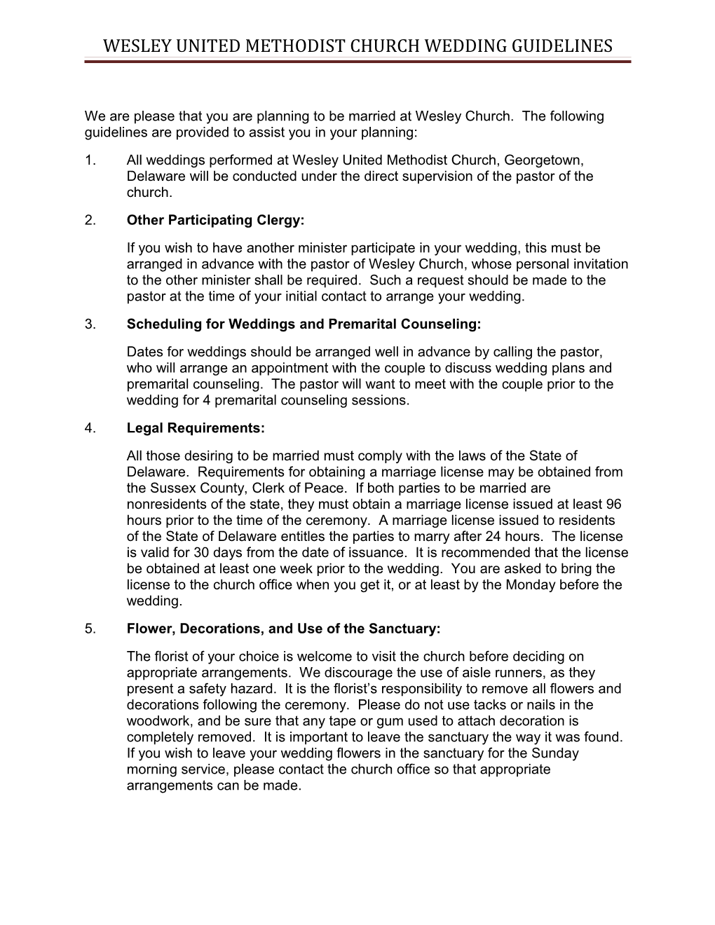 Wesley United Methodist Church Wedding Guidelines