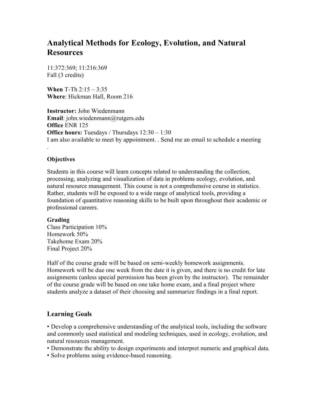 Analytical Methods for Ecology, Evolution, and Natural Resources