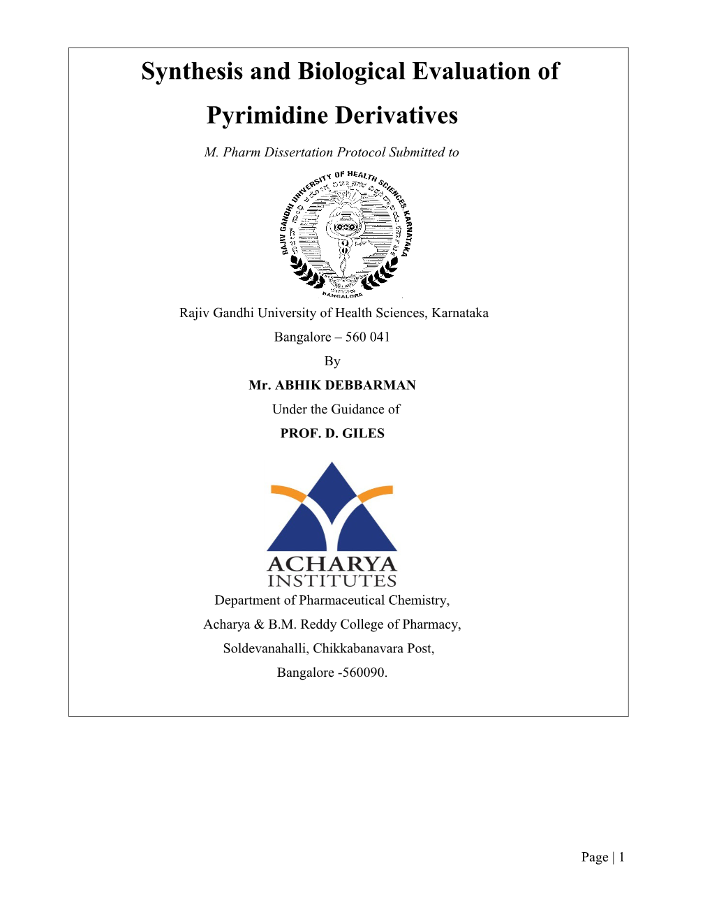 Synthesis and Pharmacological Evaluation Of