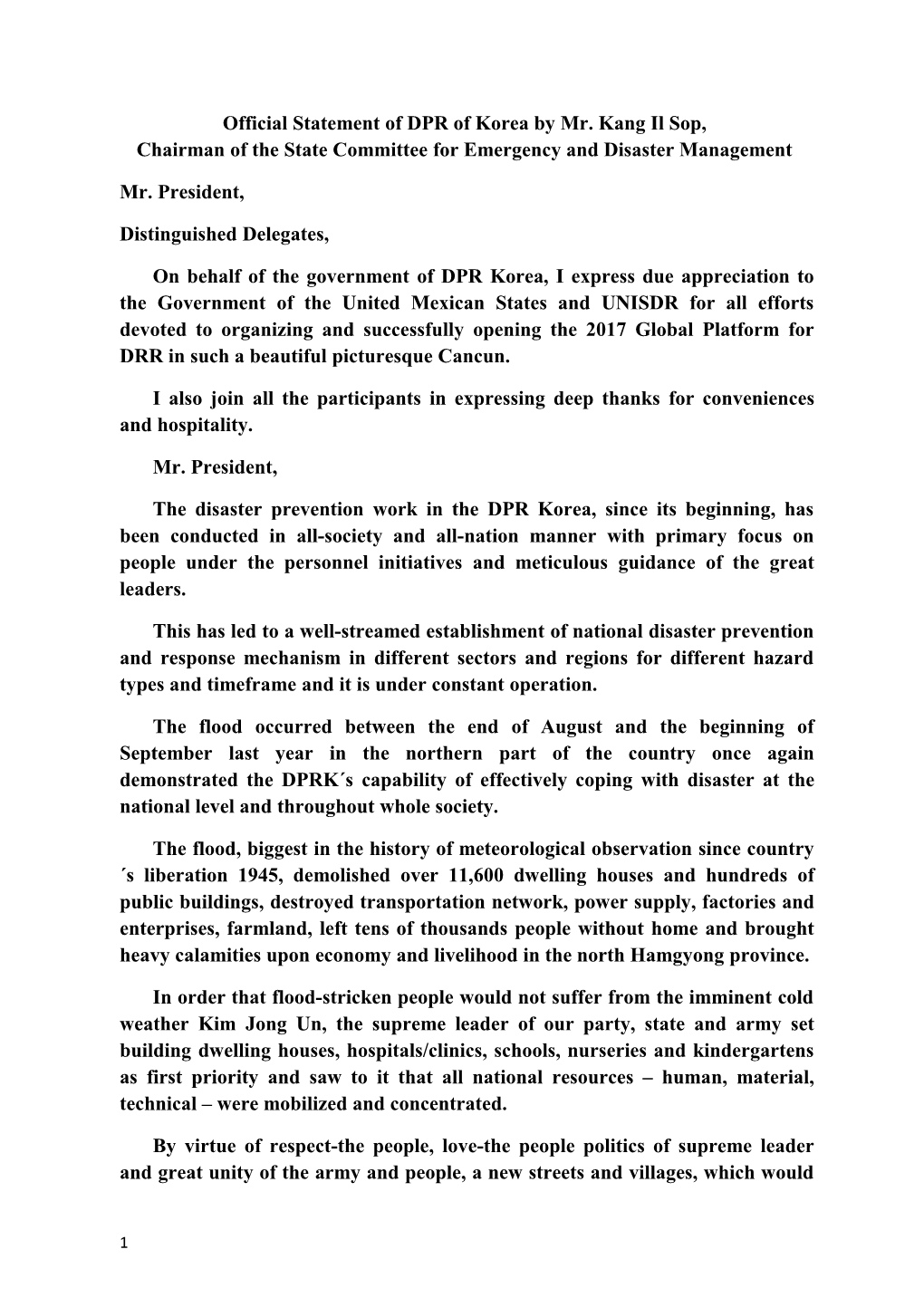 Official Statement of DPR of Korea Bymr. Kang Il Sop, Chairman of the State Committee