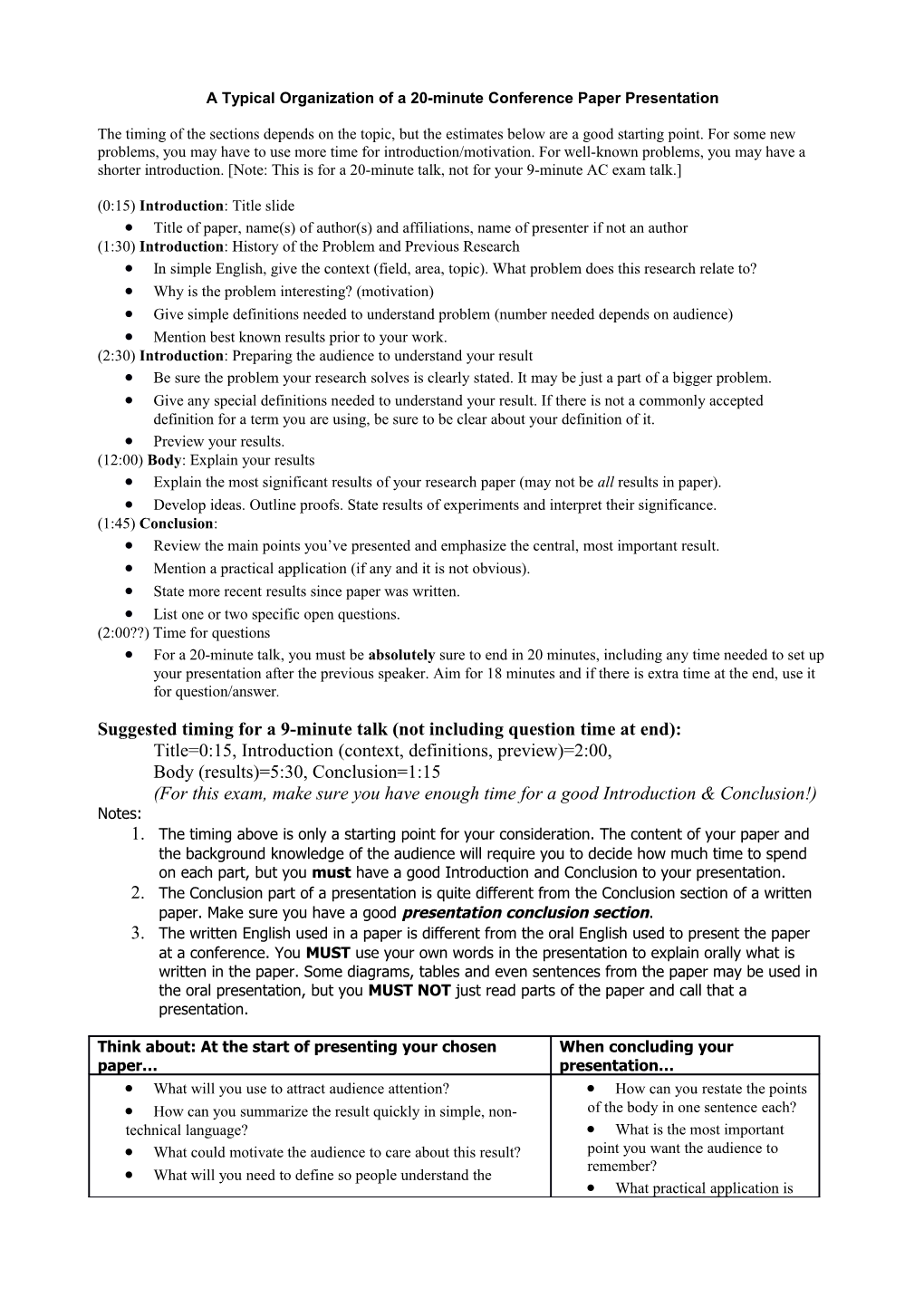 A Typical Organization of a 20-Minute Conference Paper Presentation