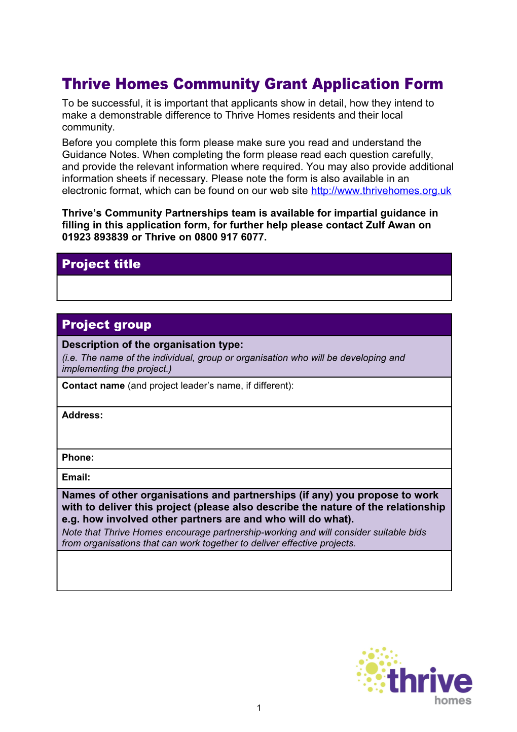 Thrive Homes Community Grant Application Form