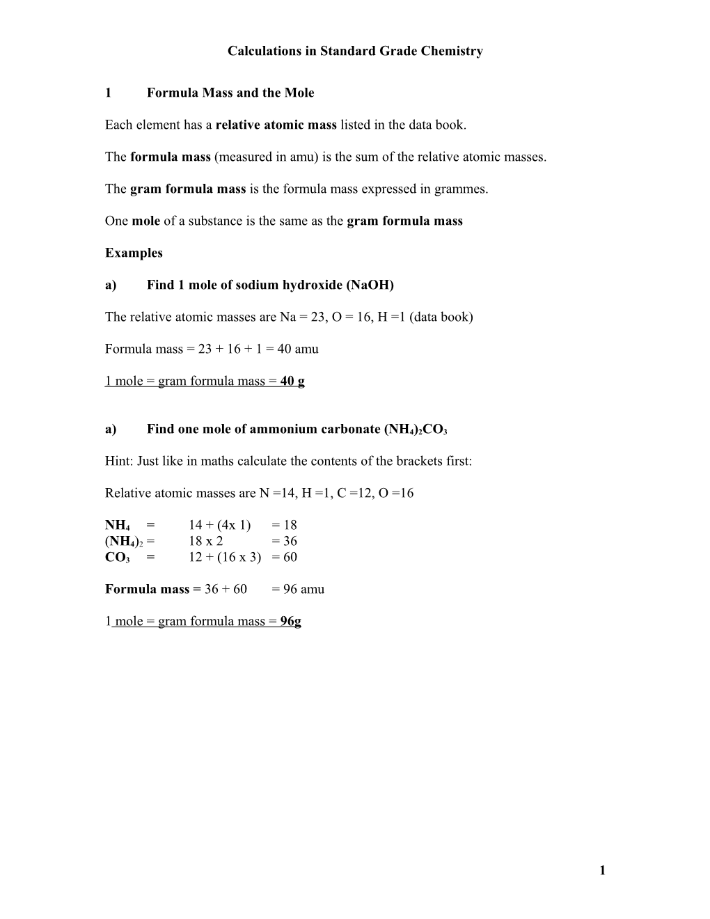Calculations in Standard Grade Chemistry