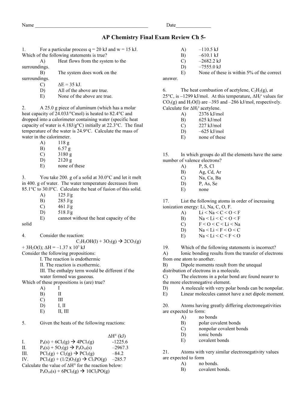 AP Chemistry Final Exam Review Ch 5