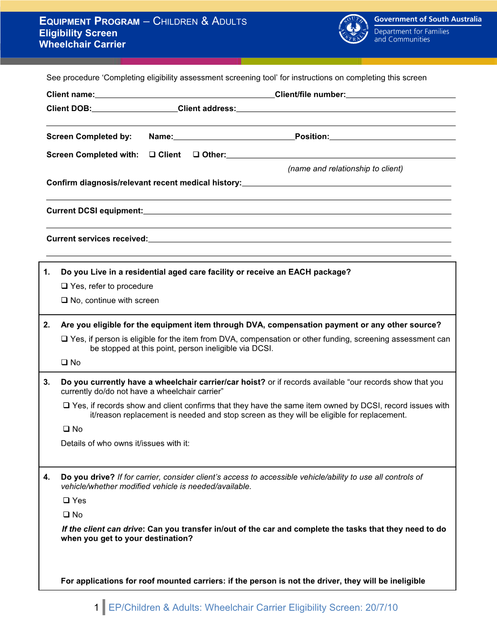 Wheelchair Carrier Eligibility Screen