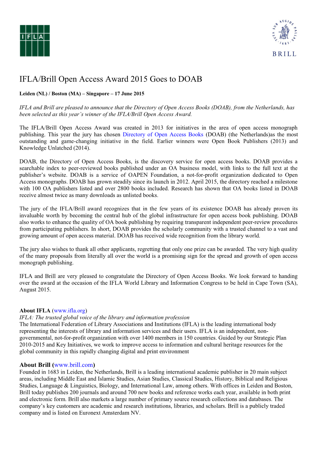 IFLA/Brill Open Access Award 2015 Goes to DOAB