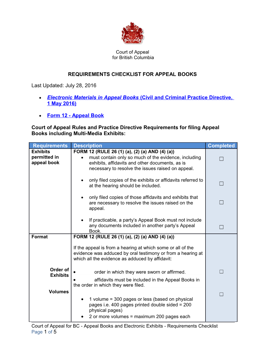 Court of Appeal for British Columbia REQUIREMENTS CHECKLIST for APPEAL BOOKS