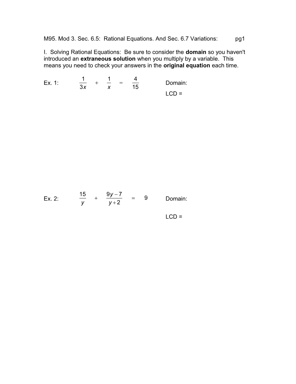 M95. Mod 3. Sec. 6.5: Rational Equations. and Sec. 6.7 Variations:Pg1