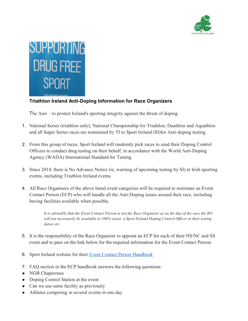 Triathlon Ireland Anti-Doping Information for Race Organizers