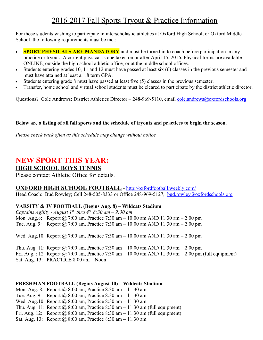 2007 Fall Sports Tryout & Practice Information