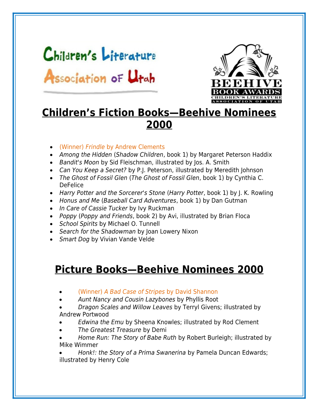 Children S Fiction Books Beehive Nominees 2000