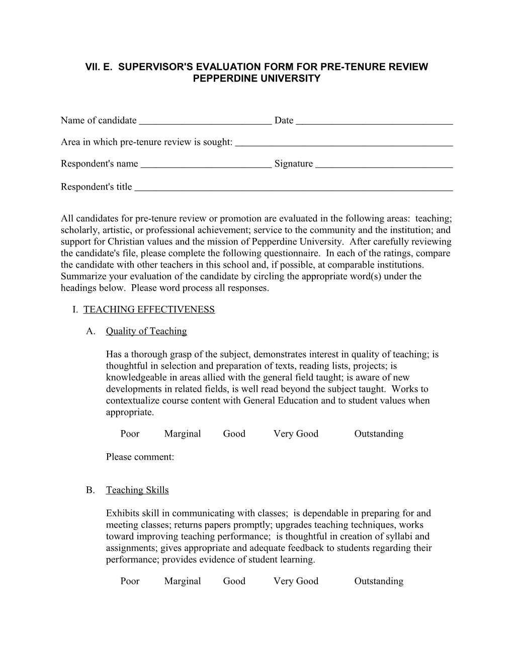 Vii. E. Supervisor's Evaluation Form for Pre-Tenure Review