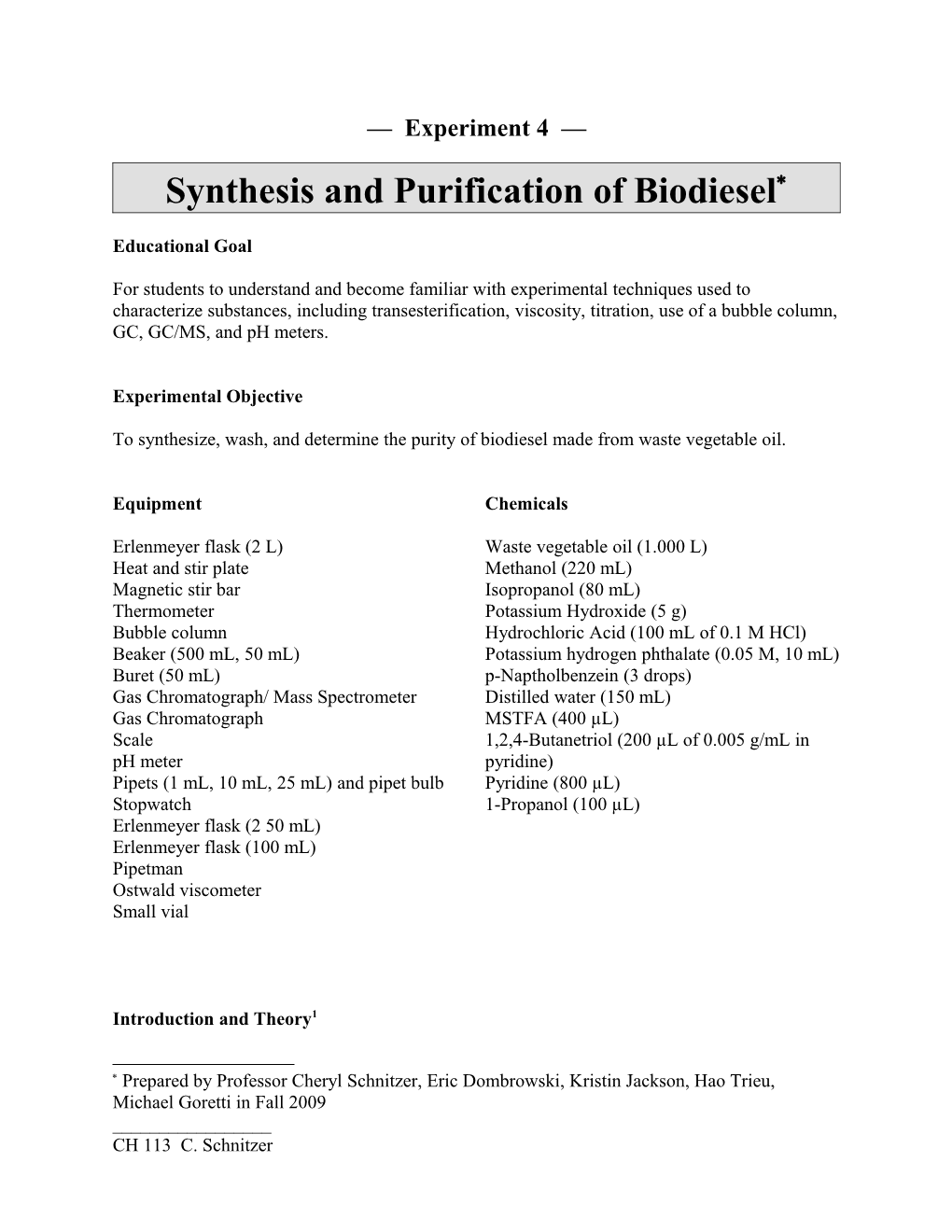 Synthesis and Purification of Biodiesel