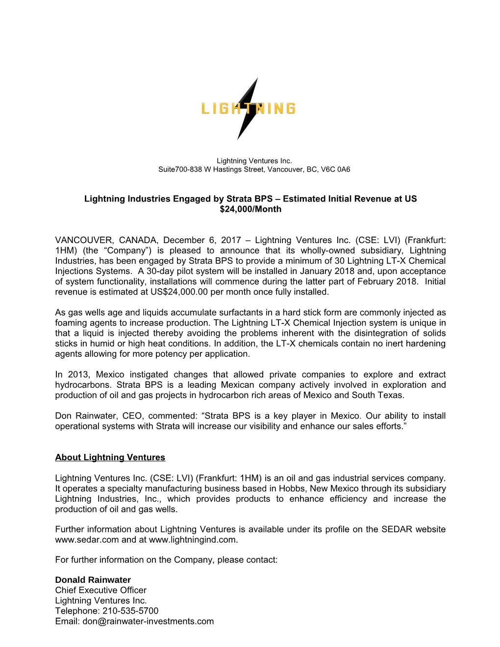 Lightning Industries Engaged by Strata BPS Estimated Initial Revenue at US $24,000/Month