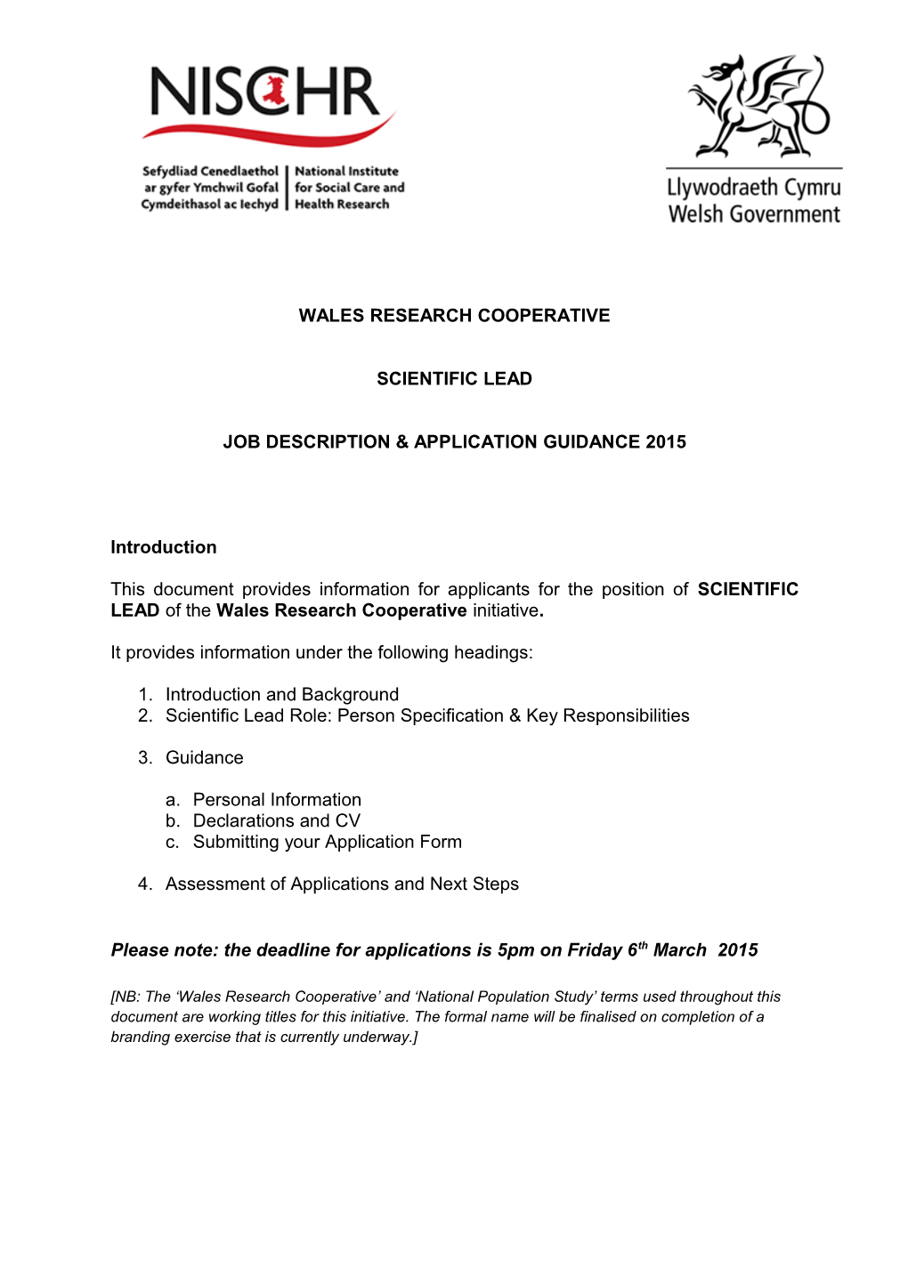 Job Description & Application Guidance 2015