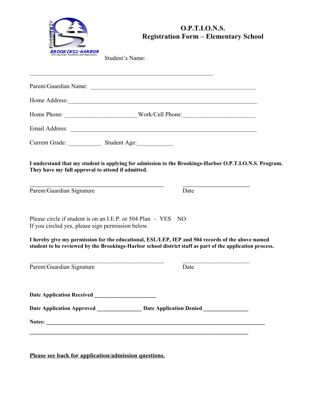 Registration Form Elementary School