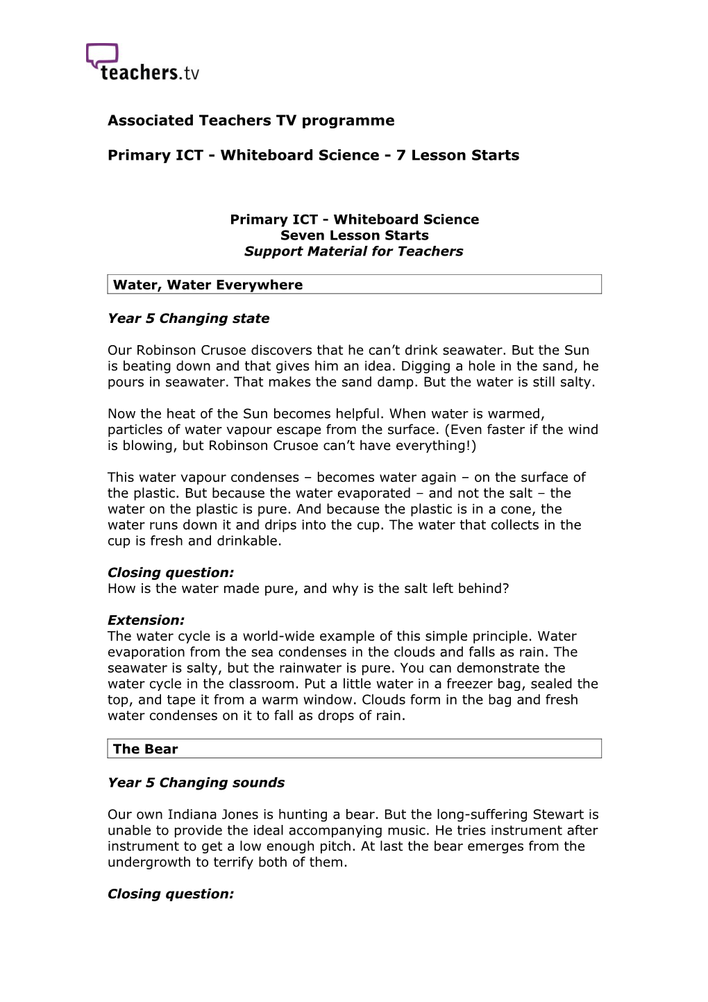 Primary ICT - Whiteboard Science - 7 Lesson Starts