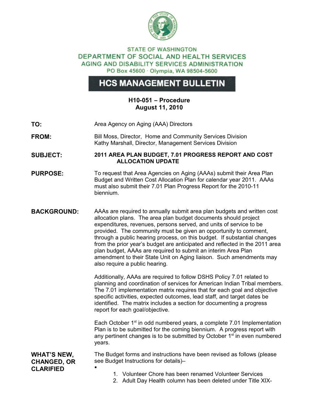 2011 Area Plan Budget, 7.01 Progress Report and Cost Allocation Update