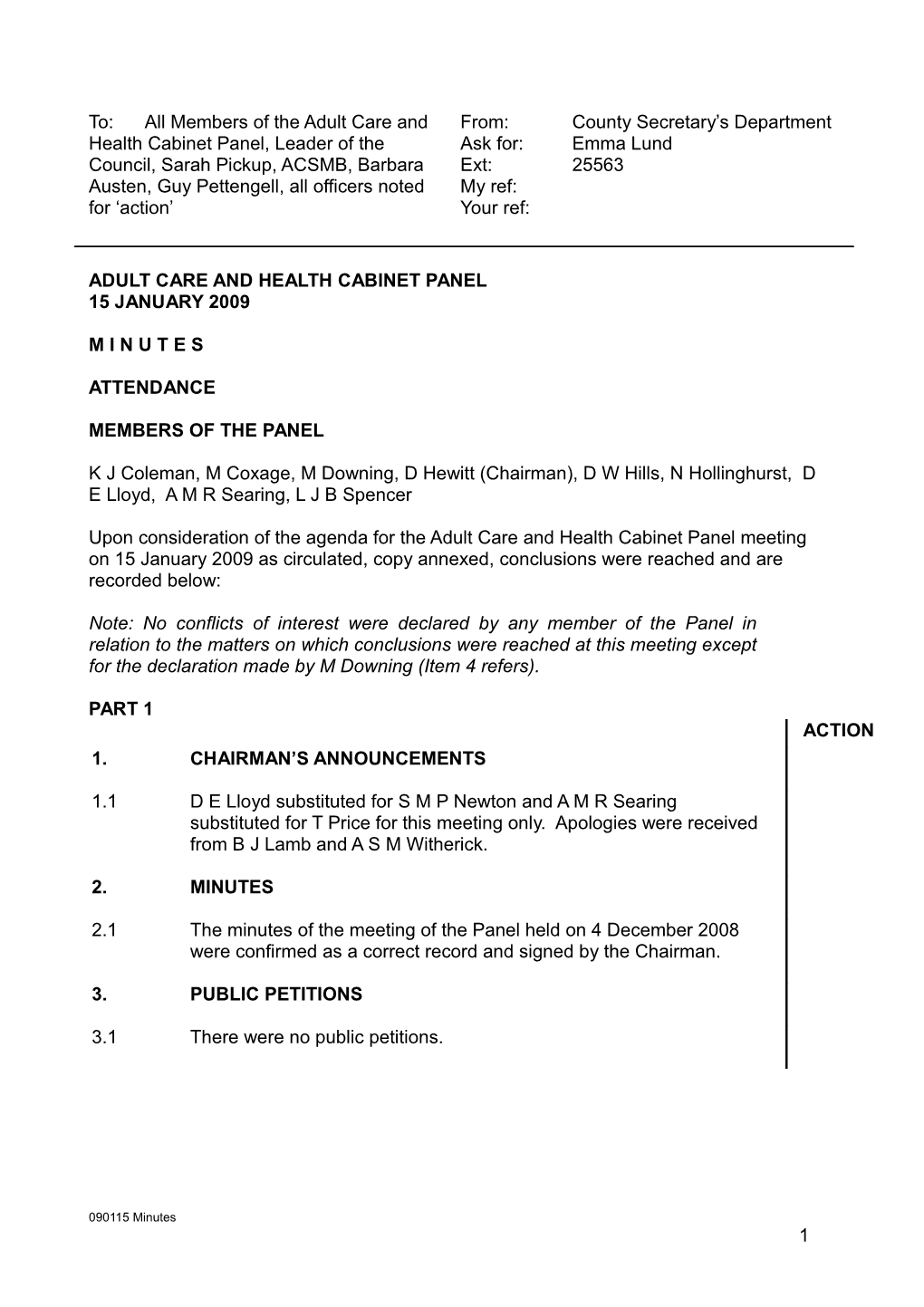 Minutes of a Meeting of the Adult Care and Health Cabinet Panel Held on Thursday 15 January 2009