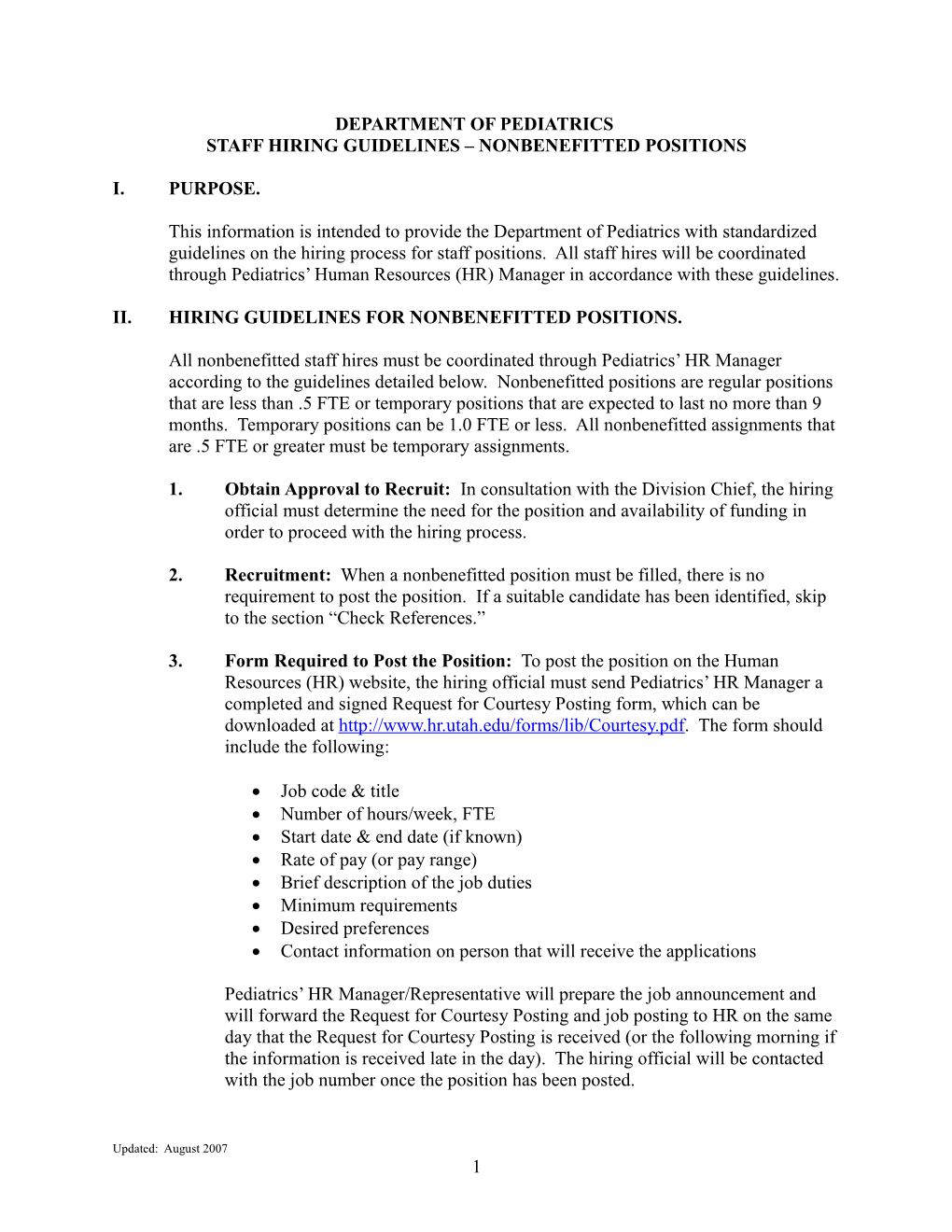 Subject: Department of Pediatrics Hiring Guidelines