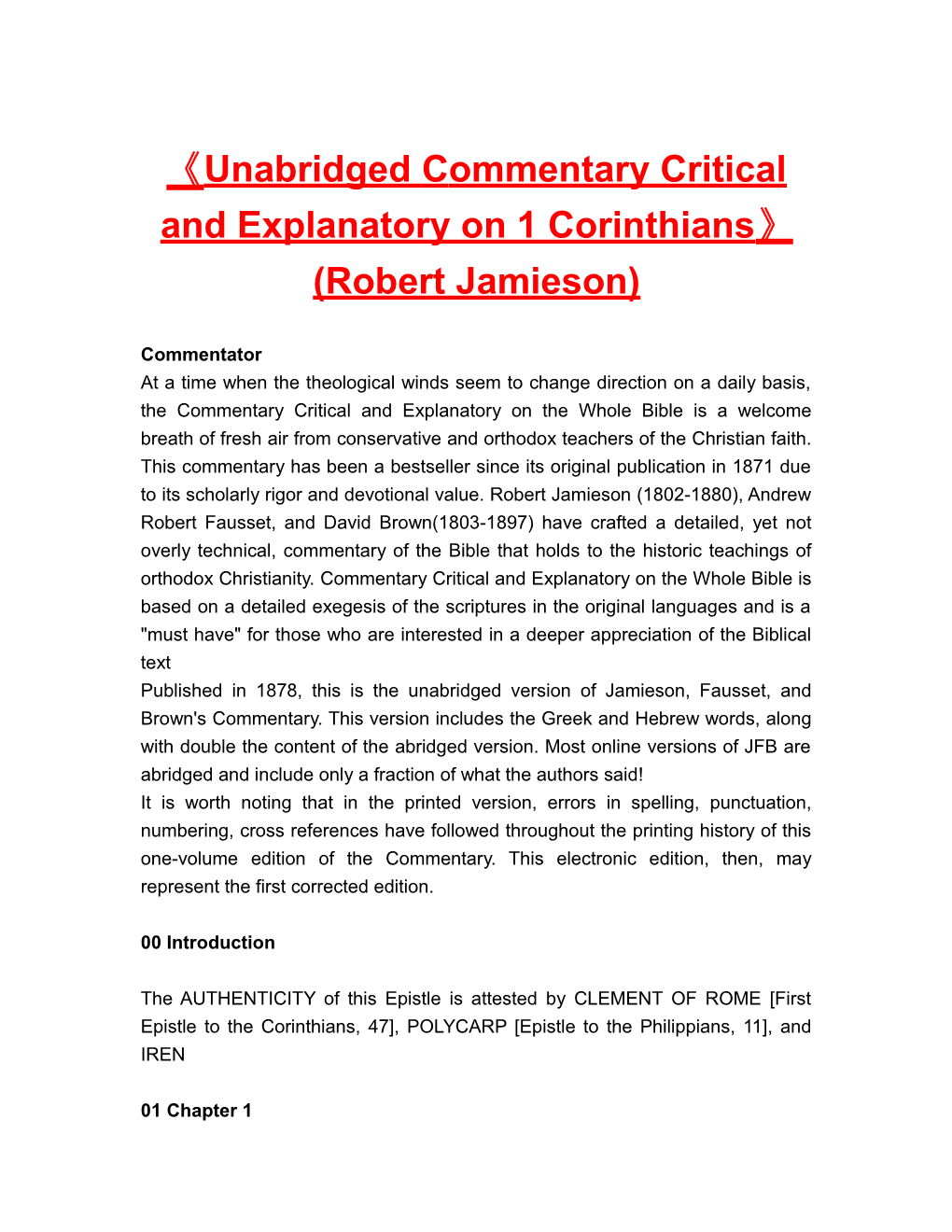Unabridged Commentarycritical and Explanatory on 1 Corinthians (Robert Jamieson)