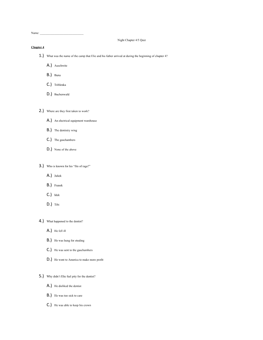 Night Chapter 4/5 Quiz