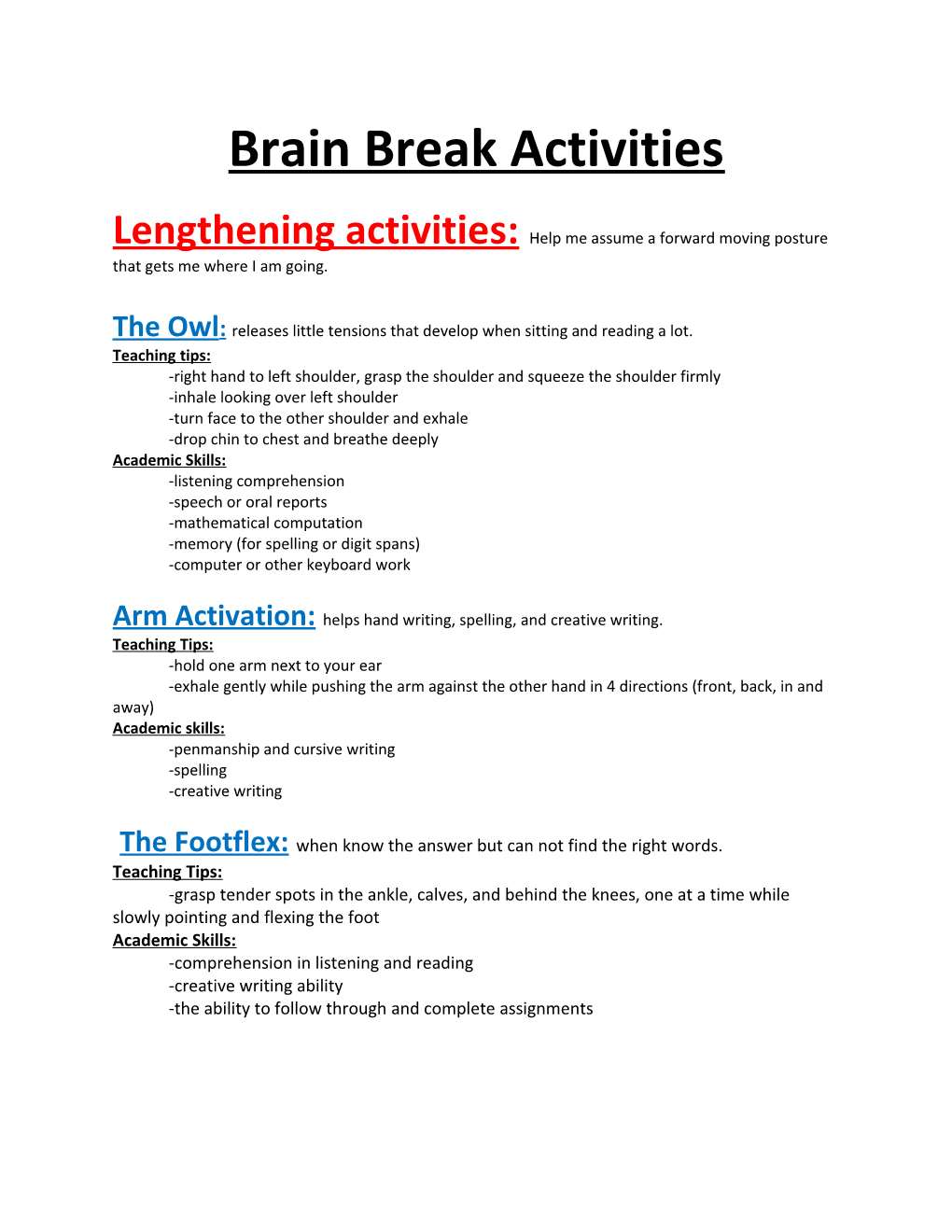 Brain Break Activities