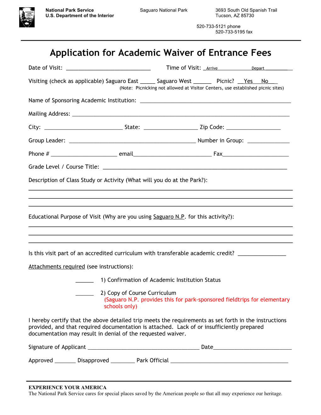 Application for Academic Waiver of Entrance Fees